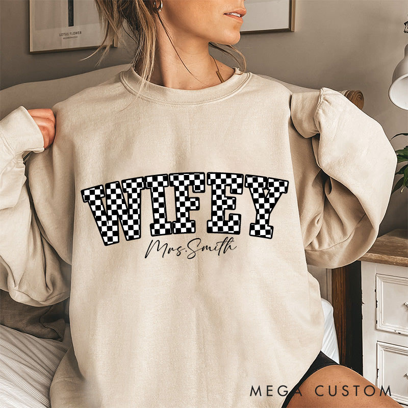 Personalized Checkered Wifey Sweatshirt with Name Custom Black and White Plaid Wifey Sweatshirt for Wife Couple Valentines Gift for Her