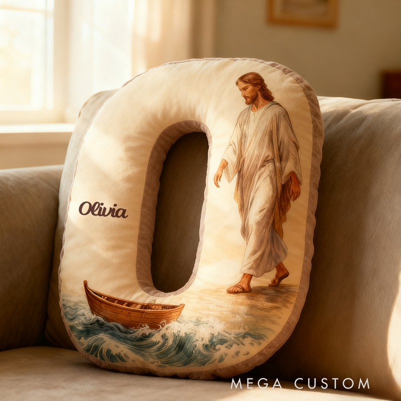 Personalized Jesus Walks on Water Letter Pillow with Custom Name Religious Home Decor Christian Gift Faith Prayer Gift Graphic 3D Print Pillow 