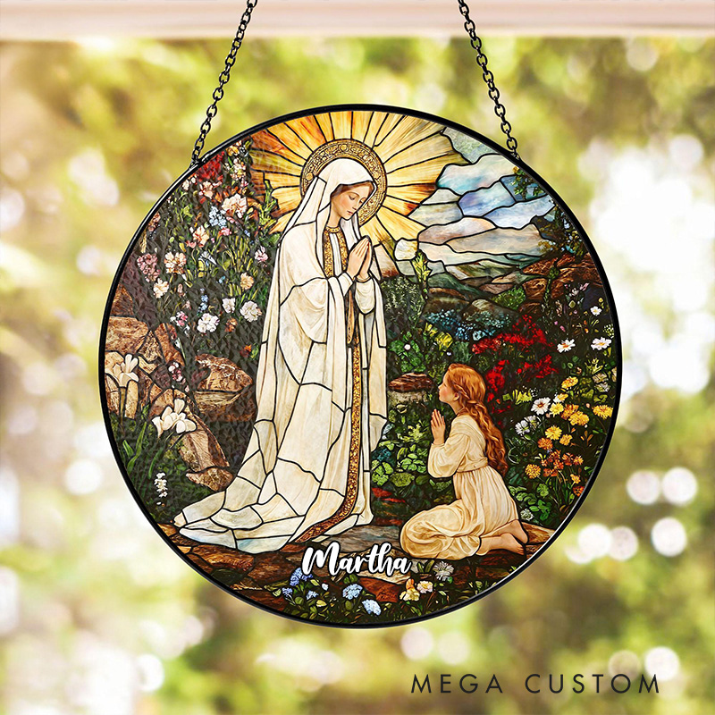 Personalized Our Lady of Lourdes Stained Glass Suncatcher Ornament with Name Window Hanging Decor Virgin Mary Art Religious Gift Catholic Gift