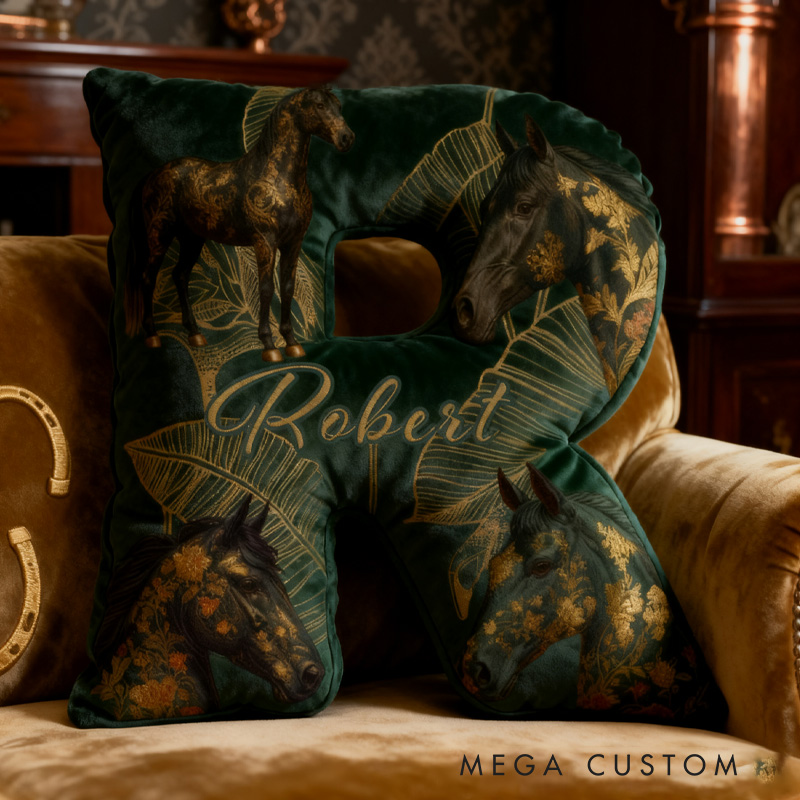 Personalized Riding Equestrian Leaves Letter Pillow Horse Custom Name Festive Golden Decor with French Countryside Gifts for Family Graphic 3D Print for Riding Lovers Equestrian Lovers