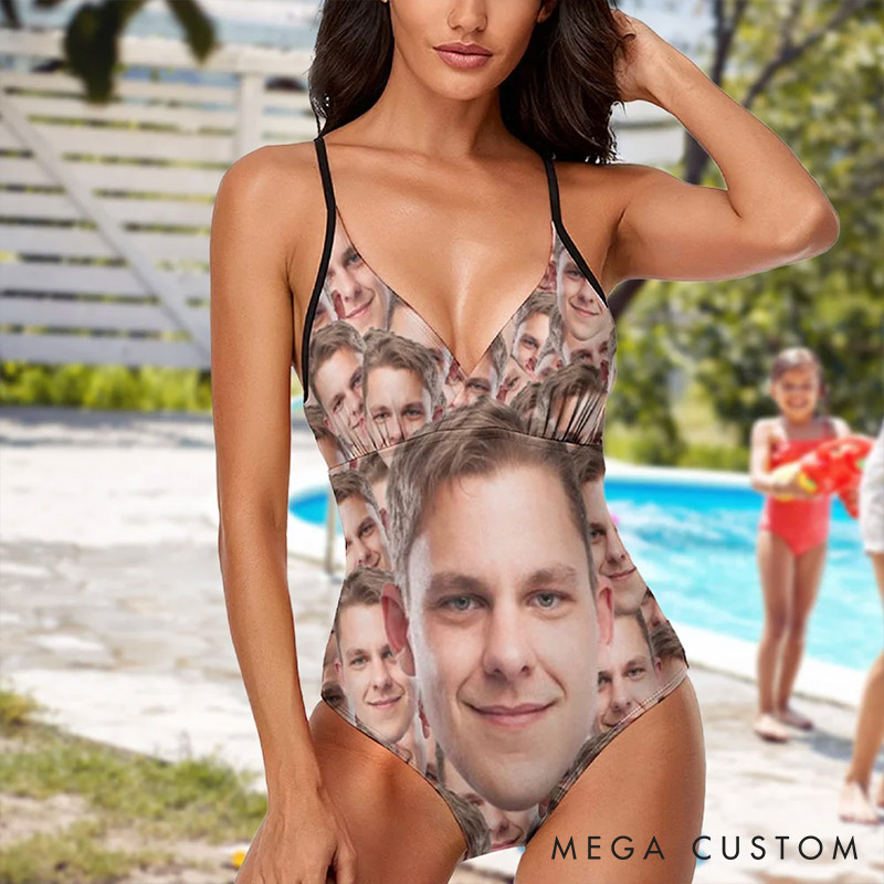 Personalized Man Face Photo Women One-Piece Swimsuit Custom Women Girlfriend Wife Swimsuit Valentines Day Gift for Her Summer Vacation Beach Essential