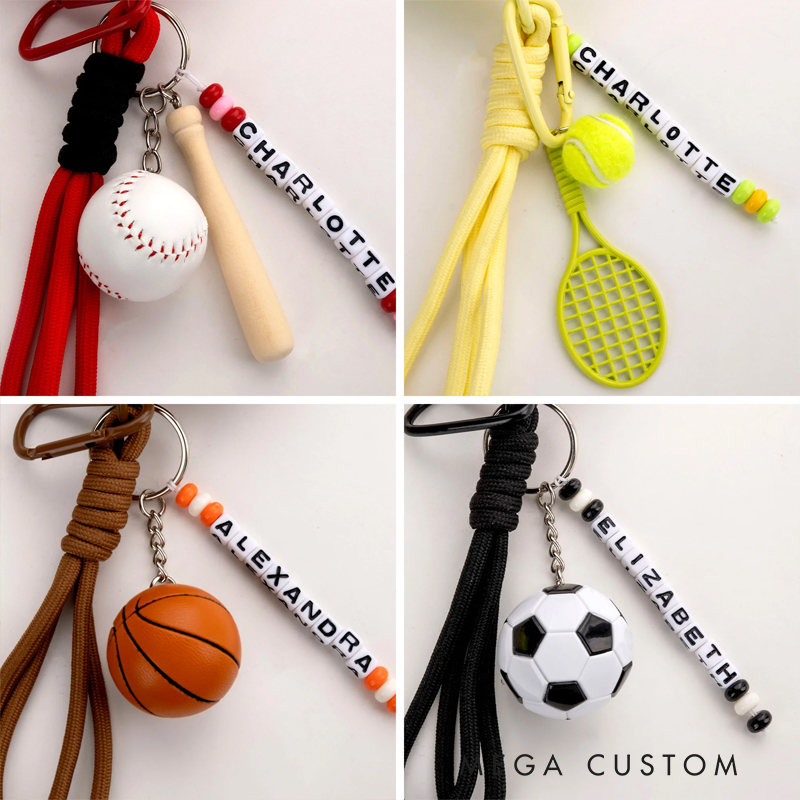Personalized name keychain with beads, tennis ball charms, racket and ball charms, waterproof silicone storage pouch for headphones, gift for tennis lovers