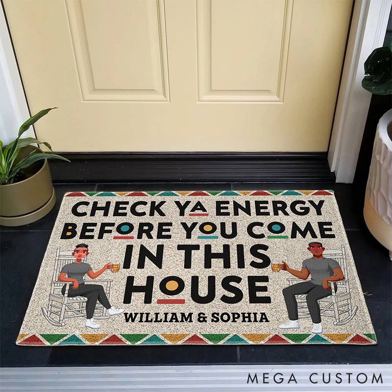 Personalized Check Ya Energy Before You Come In This House Couple Home Doormat with Names Non-Slip Durable Front Door Decor Religious Gift for Couple