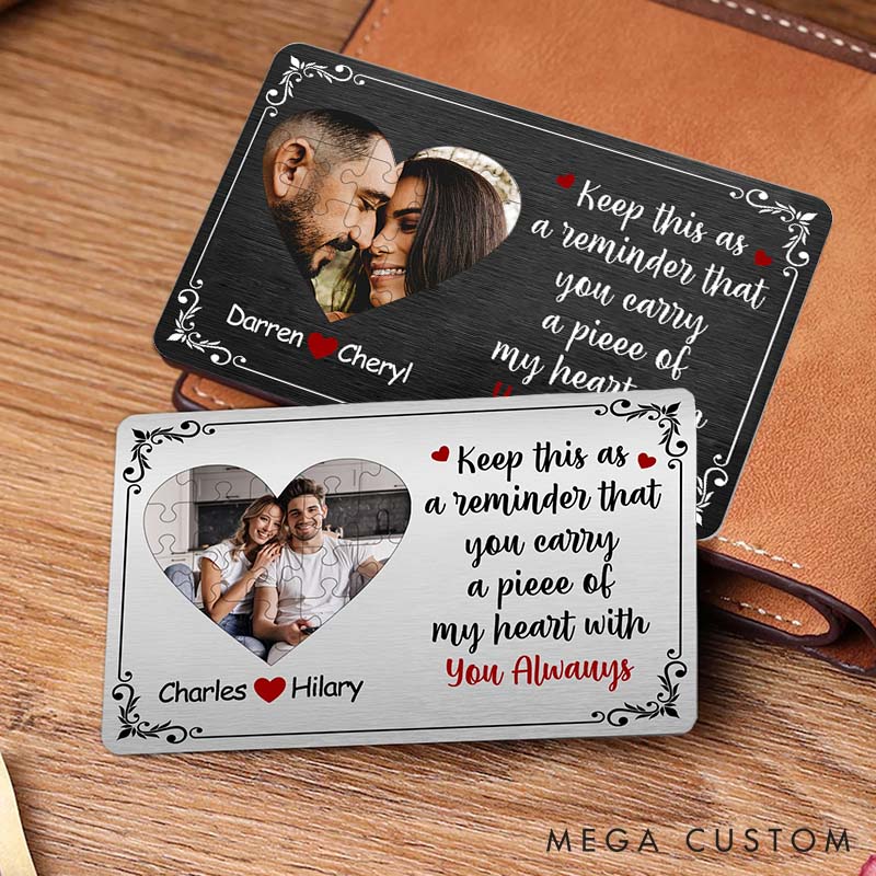 Personalized Couple Keep This As A Reminder Puzzle Style Heart Photo Wallet Card with Name Anniversary Valentine's Day Gift for Boyfriend Husband Him