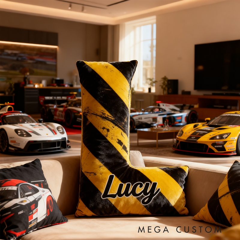 Personalized Racing Warning Stripe Letter Pillow Custom Name Initial Cushion Gift for Racing Lovers Home Decor