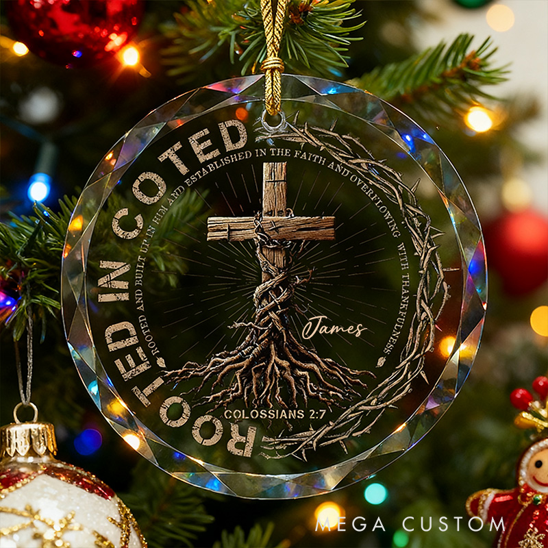 Personalized Rooted in Christ Round Shaped Glass Ornament with Custom Name Regilious Christmas Tree Decor Christian Gift