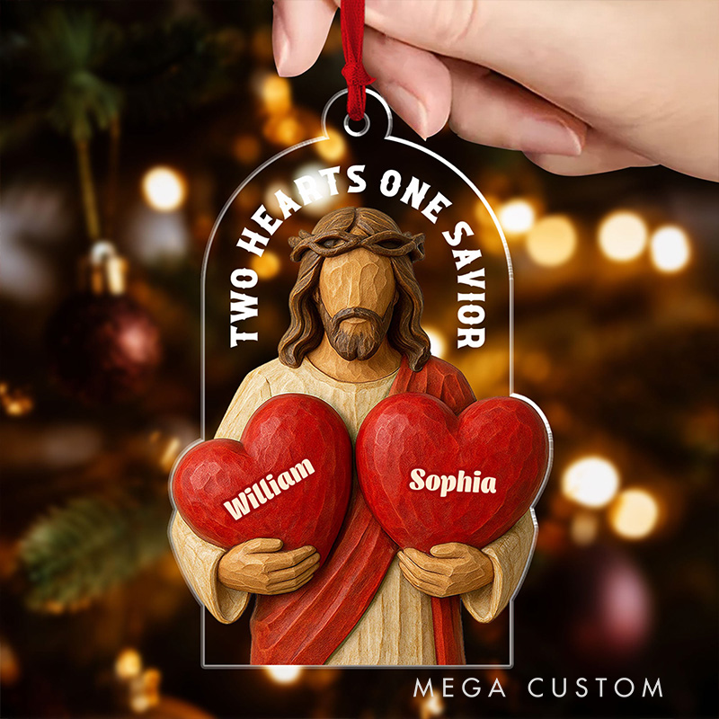 Personalized Two Hearts One Savior Acrylic Christmas Ornament with Custom Name Religious Gift Christmas Tree Decor Christian Gift for Couple