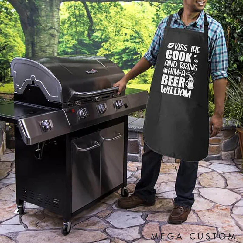 Personalized Couple Kiss The Cook And Bring Him A Beer Grill Apron Funny Apron Gift for Boyfriend Gift for Husband Valentine’s Day Gift for Him