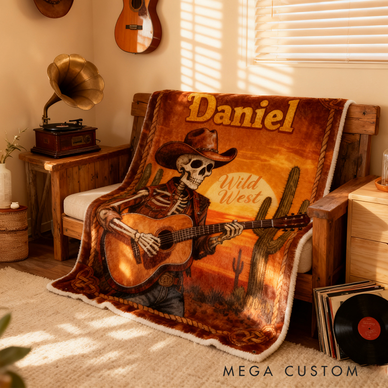 Personalized Wild West Skull Guitar Blanket Flannel Blanket Music Blanket with Name for Him for Husband Boyfriend Son Friends Familys