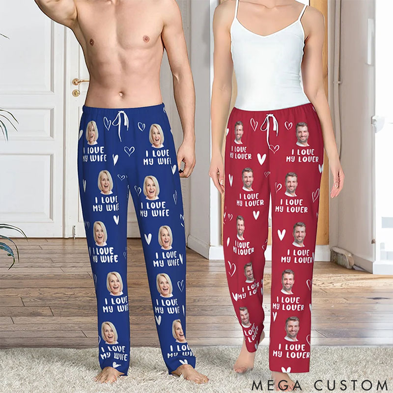 Personalized Valentine's Day Couple Faces Photo Matching Pajama Pants Custom Man Woman Photo Portrait Long Pjs Bottoms Anniversary Gift for Him Her
