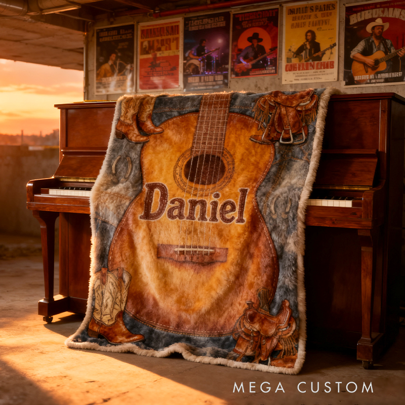 Personalized West Cowboy Guitar Blanket Flannel Blanket Music Blanket with Name for Him for Husband Boyfriend Son Friends Familys