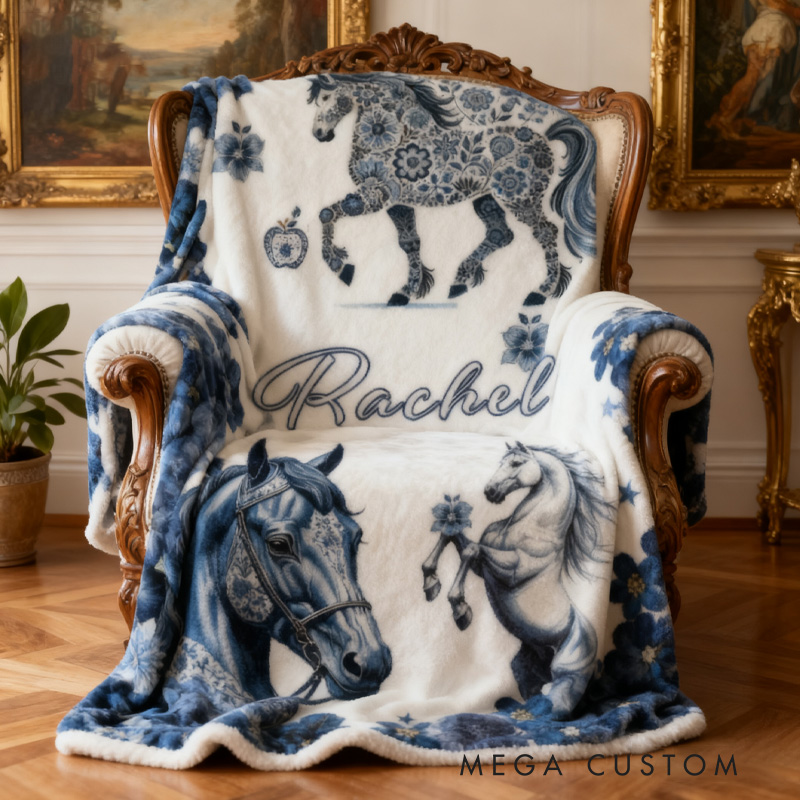 Personalized Riding Blanket Equestrian Horse Custom Name Blue And White Porcelain Decor with French Countryside Gifts Family Blanket for Riding Lovers Equestrian Lovers