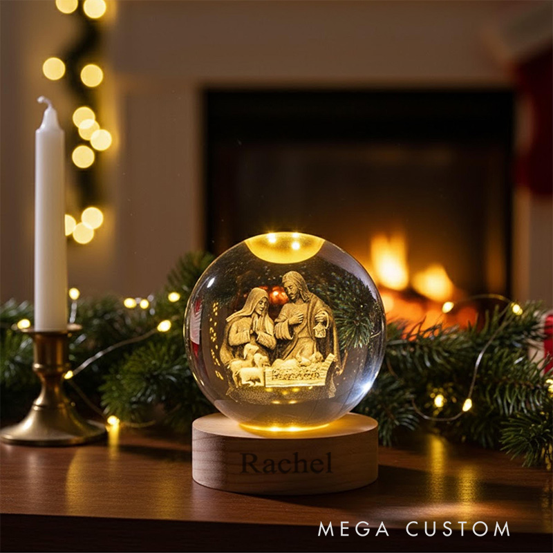 Personalized Nativity Scene 3D Spherical Crystal Lamp With Custom Text Religious Gift Christmas Gift Faith Gift