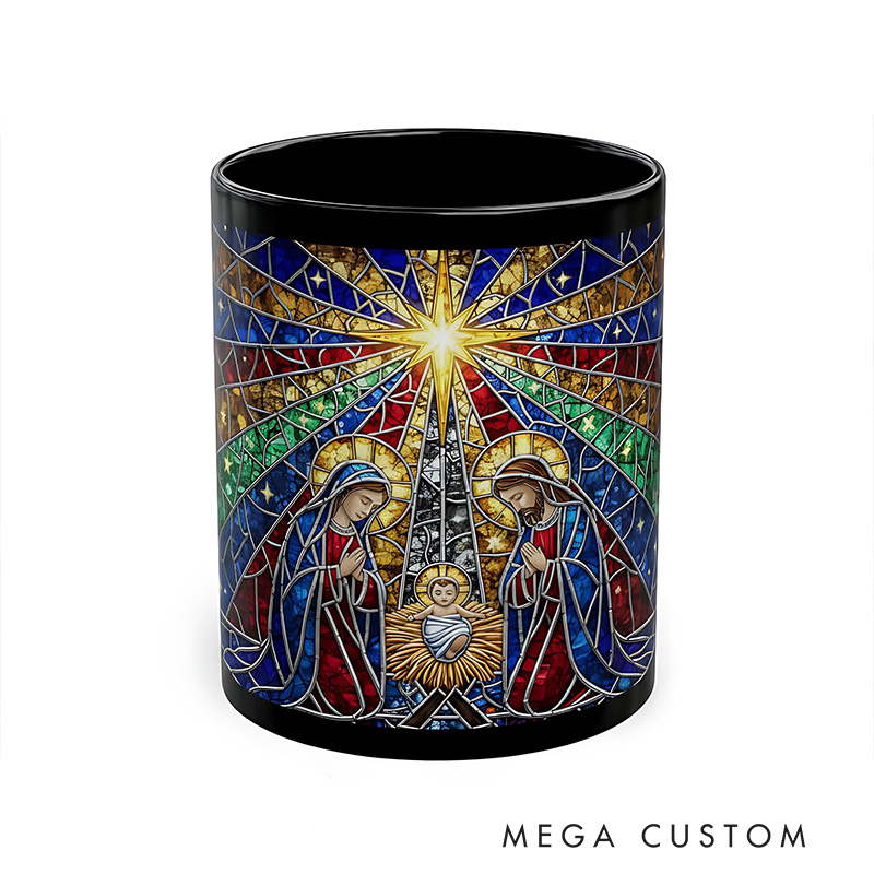 Personalized Stained Glass Nativity Scene Ceramic Mug with Name Religious Gift Christmas Gift for Women and Men