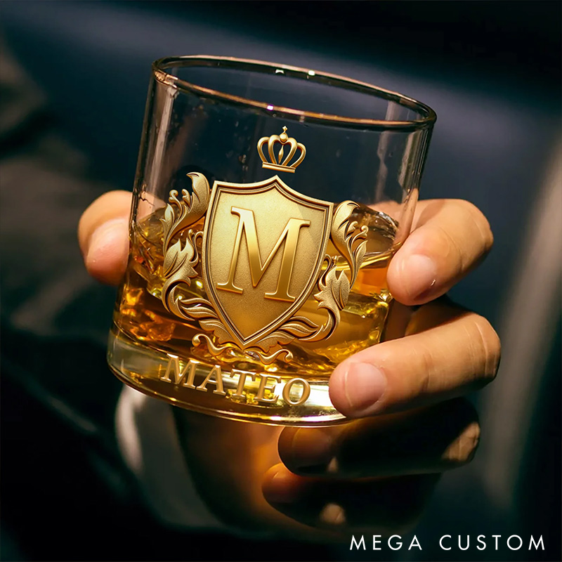 Personalized Rock Old Fashioned Whiskey Glass for Husband Boyfriend Golden 3D Graphic Badge Initial Named Whiskey Glass Birthday Gift for Man