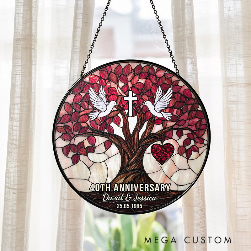 Personalized Dove Cross Christian Wedding Anniversary Stained Glass Suncatcher Ornament with Custom Name Window Hanging Decor Religious Gift for Couple Wedding Gift
