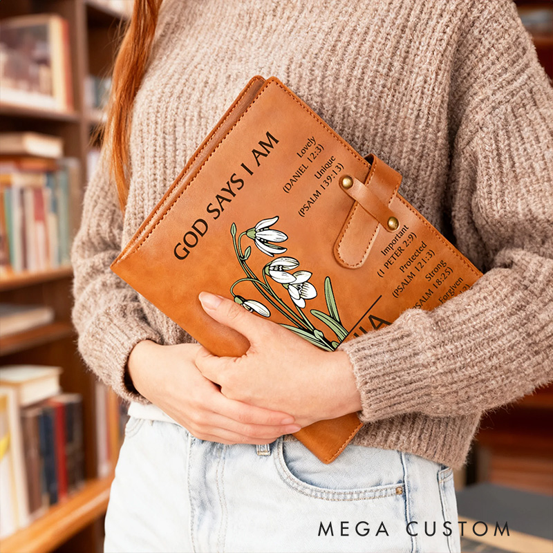 Personalized God Says you are Birth Flower PU Leather Notebook Cover with Name Religious Gift Birthday Gift for Christian