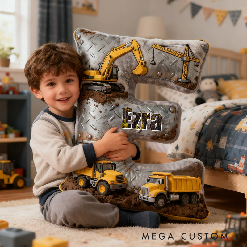 Personalized Construction Letter Cushion With Excavator And Dump Truck Graphic 3D Print Pillow
