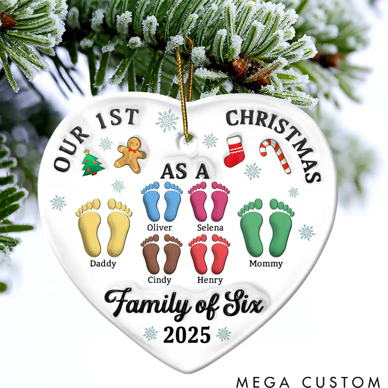 Personalized Ceramics Heart Shape First Christmas as a Family of Three Footprints 3D Effect  Christmas Ornament 
