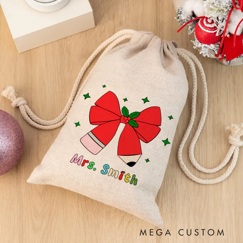 Personalised Christmas Santa Sack for Teachers Custom Pencil Bow Design Sack Christmas Gift