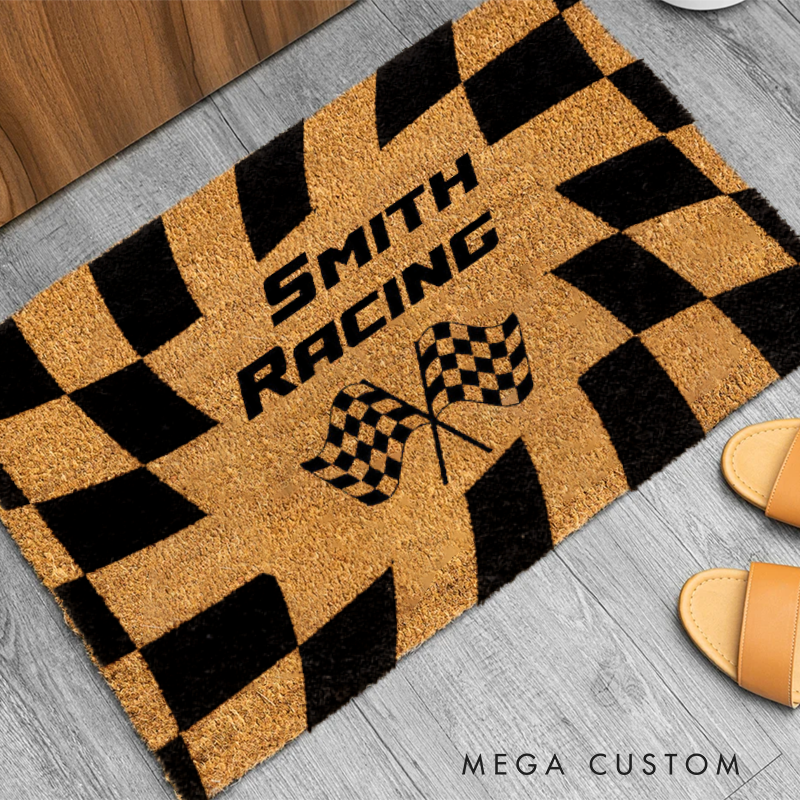 Personalized Check Flag Doormat with Custom Name Design for Racers and Racing Lovers