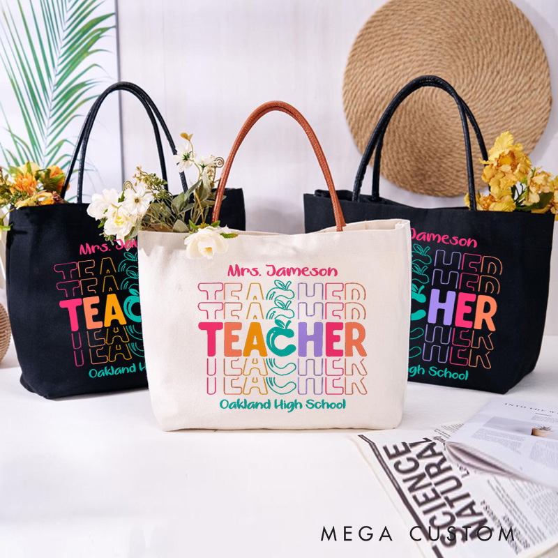 Personalized Teacher Canvas Tote Bag Color Apple Teacher Design Appreciation Gift for Teachers