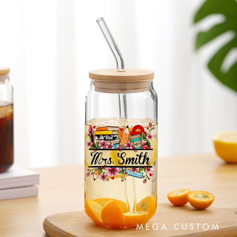 Personalized Teacher Tumbler with Lid and Straw Flower Pencil Book Custom Glass Coffee Cup Unique Gift