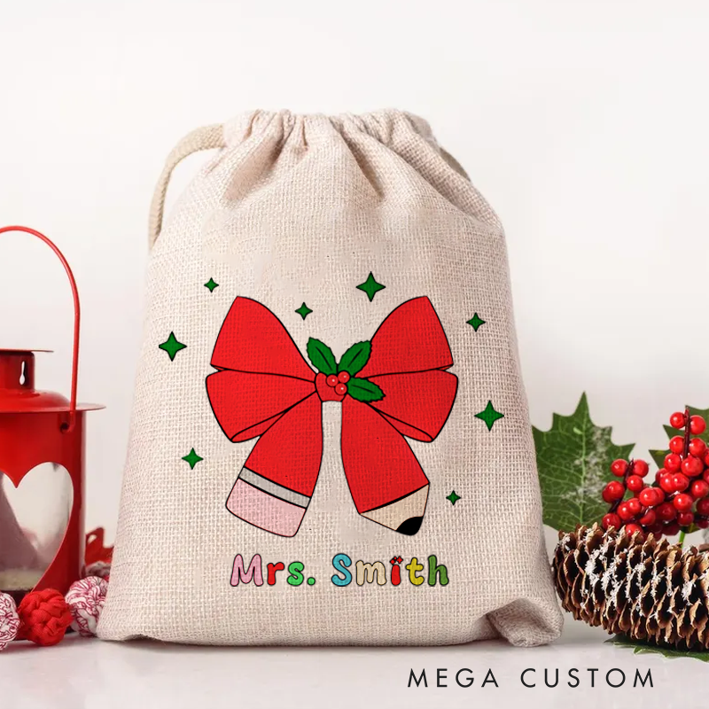 Personalised Christmas Santa Sack for Teachers Custom Pencil Bow Design Sack Christmas Gift