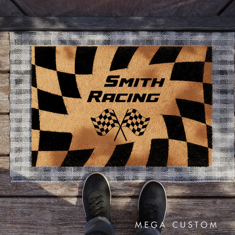 Personalized Check Flag Doormat with Custom Name Design for Racers and Racing Lovers