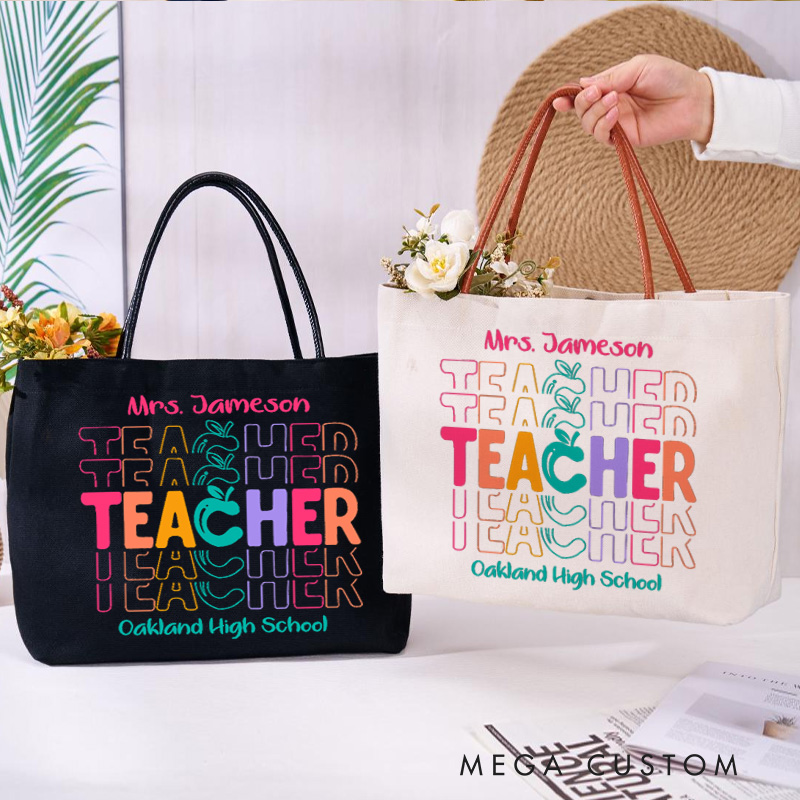 Personalized Teacher Canvas Tote Bag Color Apple Teacher Design Appreciation Gift for Teachers
