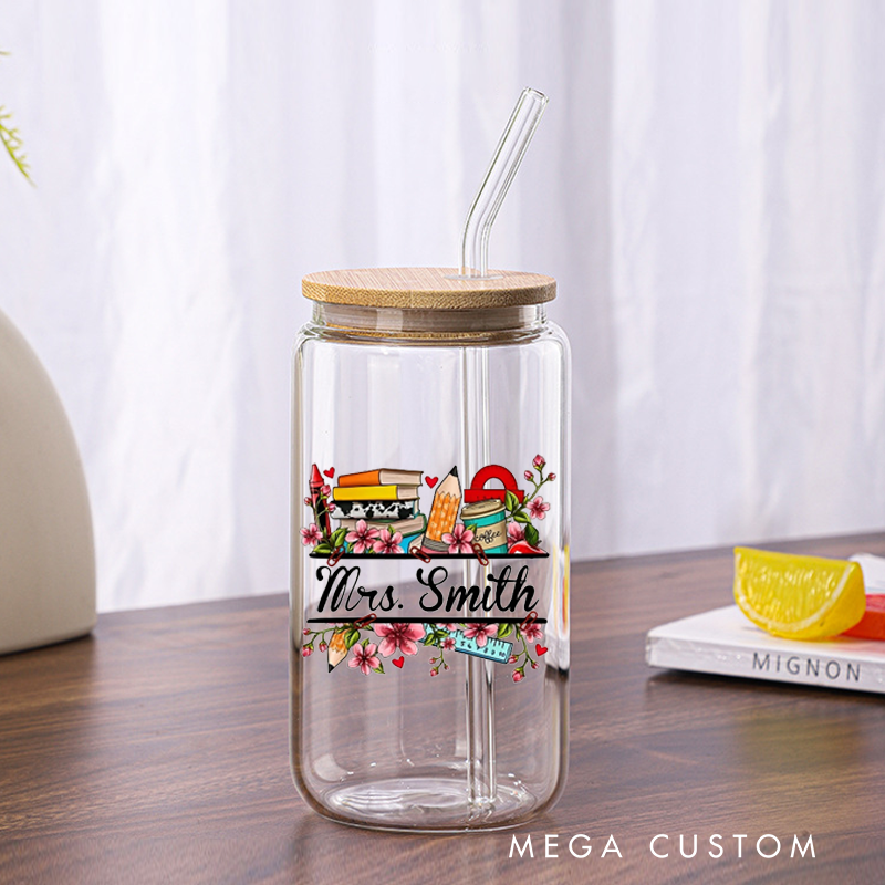 Personalized Teacher Tumbler with Lid and Straw Flower Pencil Book Custom Glass Coffee Cup Unique Gift