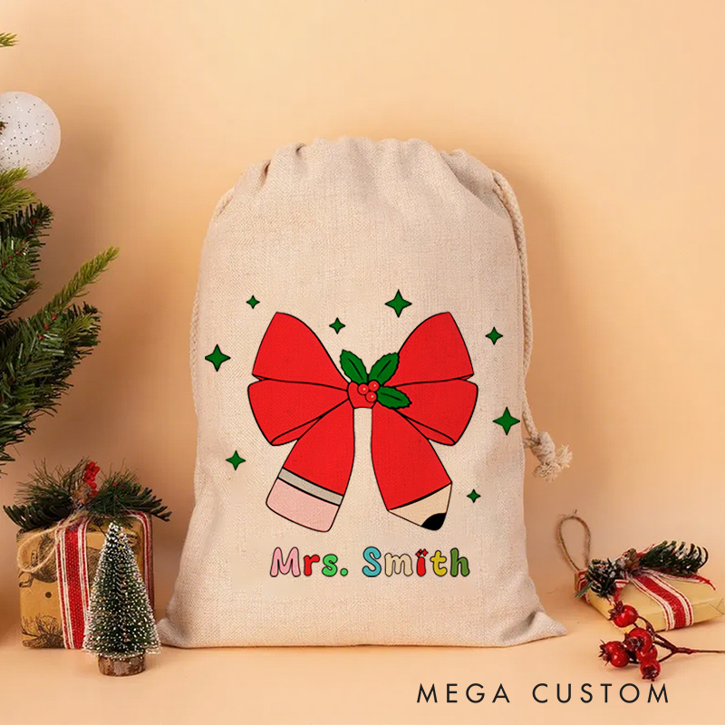 Personalised Christmas Santa Sack for Teachers Custom Pencil Bow Design Sack Christmas Gift