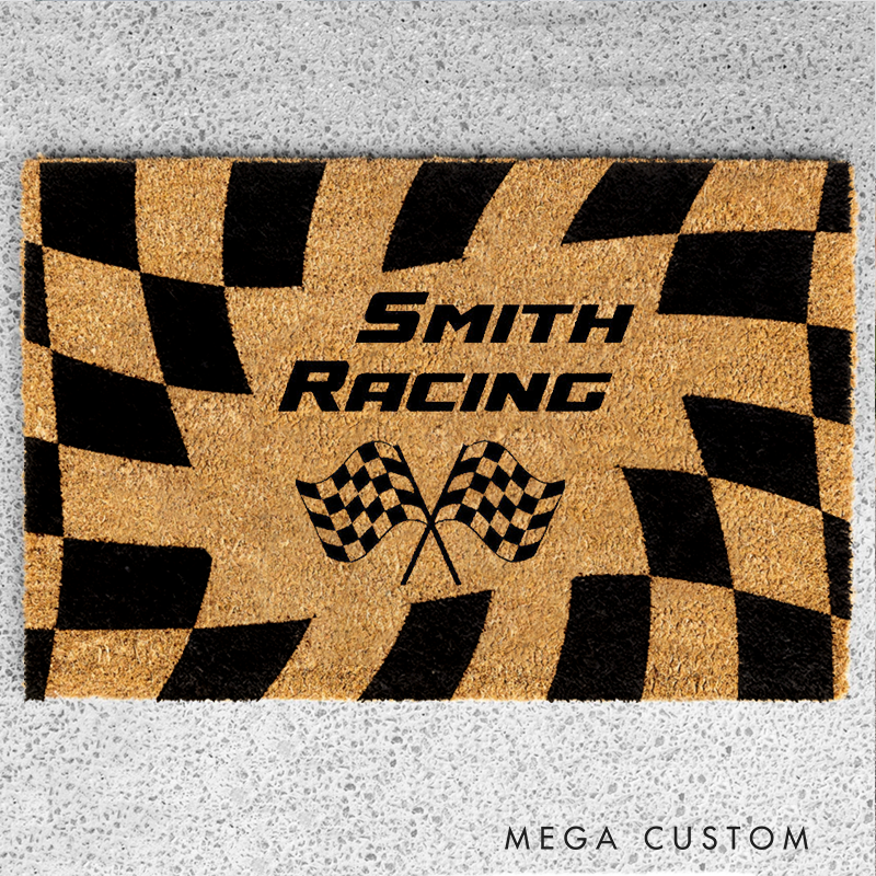 Personalized Check Flag Doormat with Custom Name Design for Racers and Racing Lovers