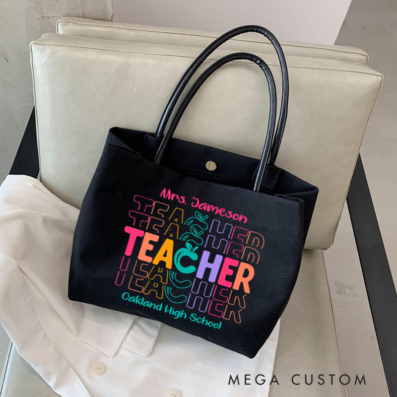 Personalized Teacher Canvas Tote Bag Color Apple Teacher Design Appreciation Gift for Teachers
