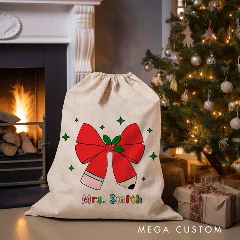 Personalised Christmas Santa Sack for Teachers Custom Pencil Bow Design Sack Christmas Gift