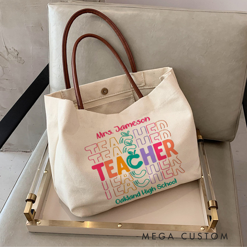 Personalized Teacher Canvas Tote Bag Color Apple Teacher Design Appreciation Gift for Teachers