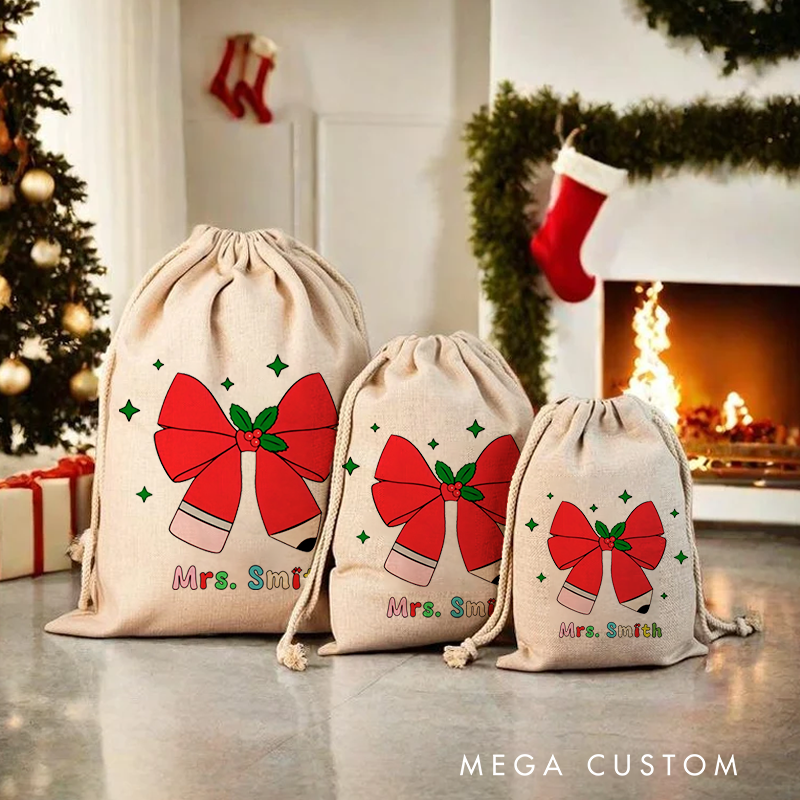 Personalised Christmas Santa Sack for Teachers Custom Pencil Bow Design Sack Christmas Gift