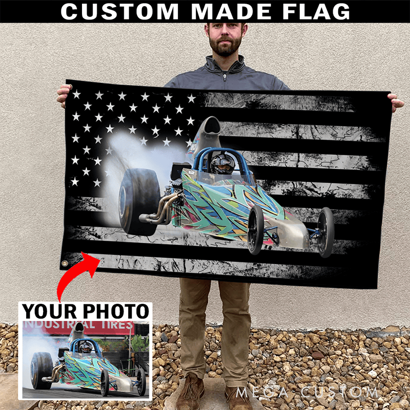Personalized Car Tapestry with Flag Design Custom Racing Car Photo Wall Hanging Gift for Racers and Racing Lovers