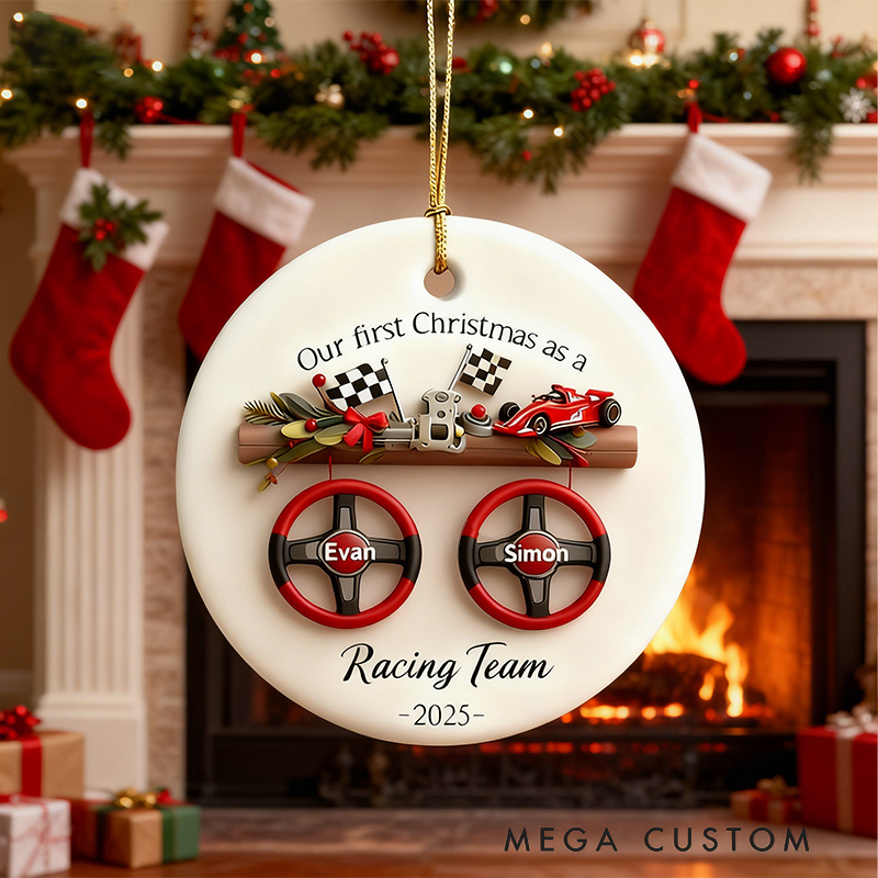 Personalized Racing Christmas Ornament Custom Name Ceramic Round Christmas Decoration Gift for Racers and Racing Lovers
