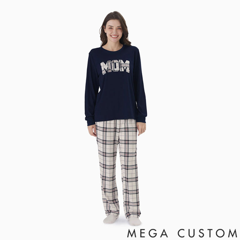 Personalized Custom Name Family Matching School Grid Letter Print Patch Long Sleeve Pajamas Sets for Family
