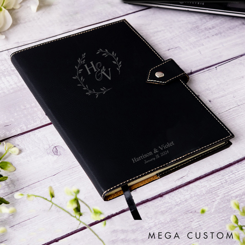 Personalized Laurel Branches with Initials and Date Wedding Couple Leather Journal with Snap Closure