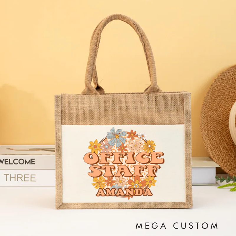 Personalized Office Staff Burlap Tote Bag Floral Wreath Design Gift for Coworker or Employee