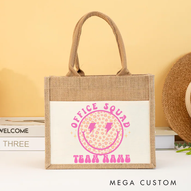 Personalized Office Squad Burlap Tote Bag Smiley Face Design Gift for Coworker or Employee