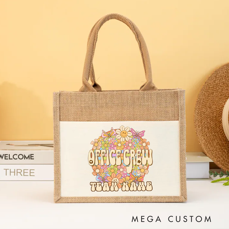Personalized Office Crew Burlap Tote Bag Floral Design Gift for Coworker or Employee