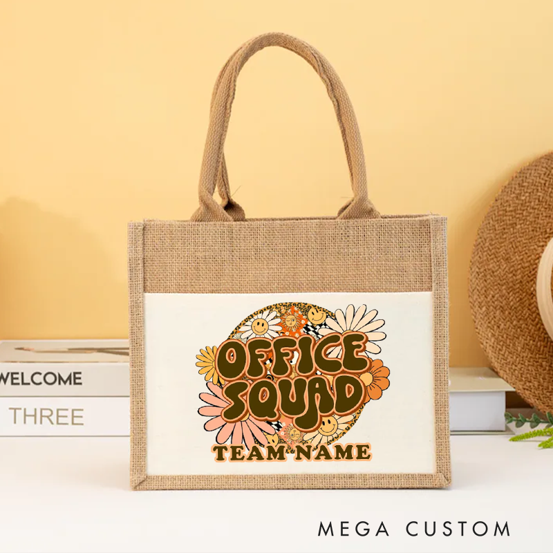 Personalized Office Squad Burlap Tote Bag Retro Floral Design Gift for Coworker or Employee