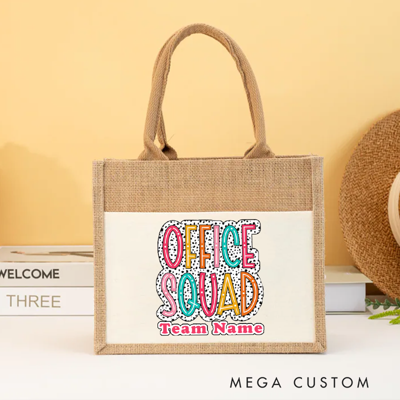 Personalized Office Squad Burlap Tote Bag Colorful Text Design Gift for Coworker or Employee