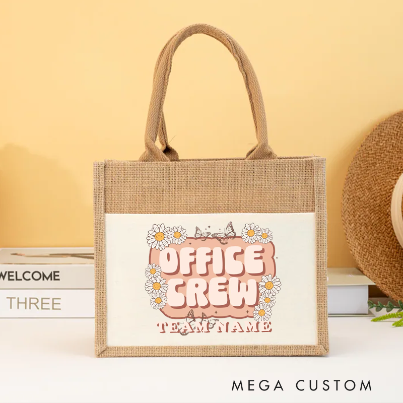 Personalized Office Crew Burlap Tote Bag Daisy Floral Design Gift for Coworker or Employee