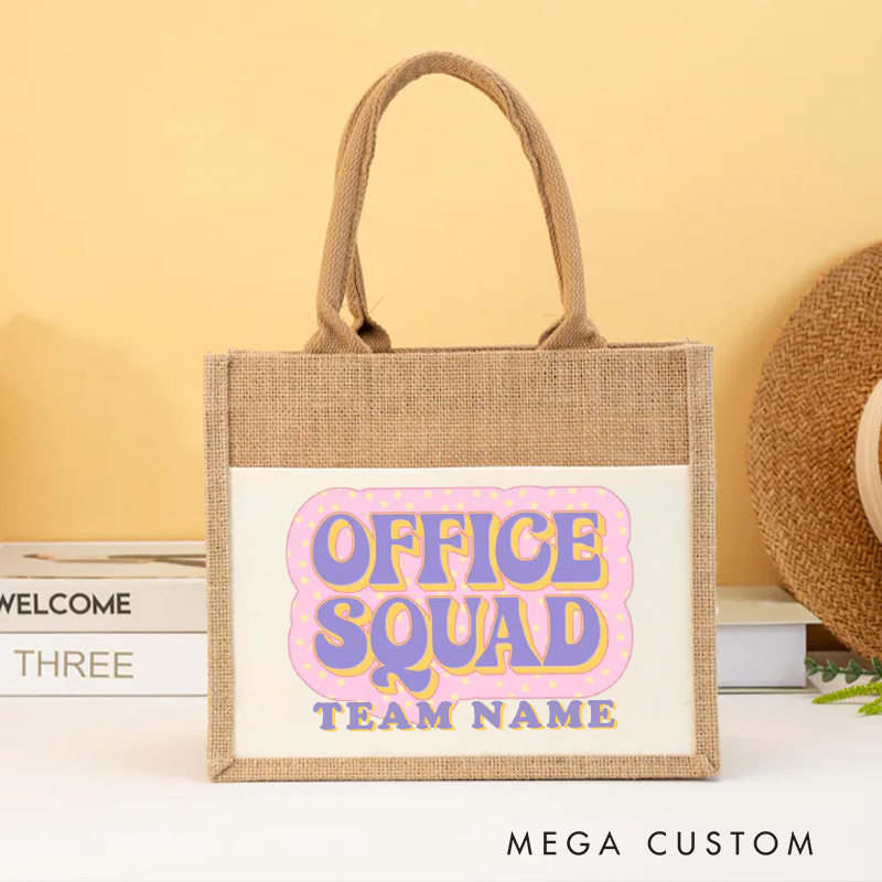 Personalized Office Squad Burlap Tote Bag Pastel Text Design Gift for Coworker or Employee