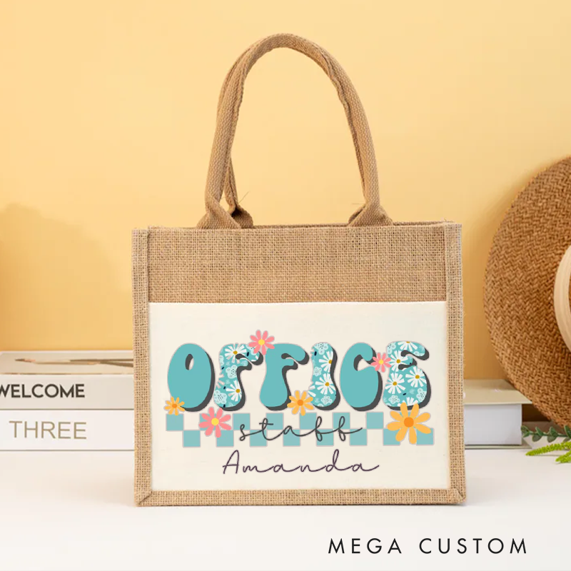Personalized Office Staff Burlap Tote Bag Floral Text Design Gift for Coworker or Employee