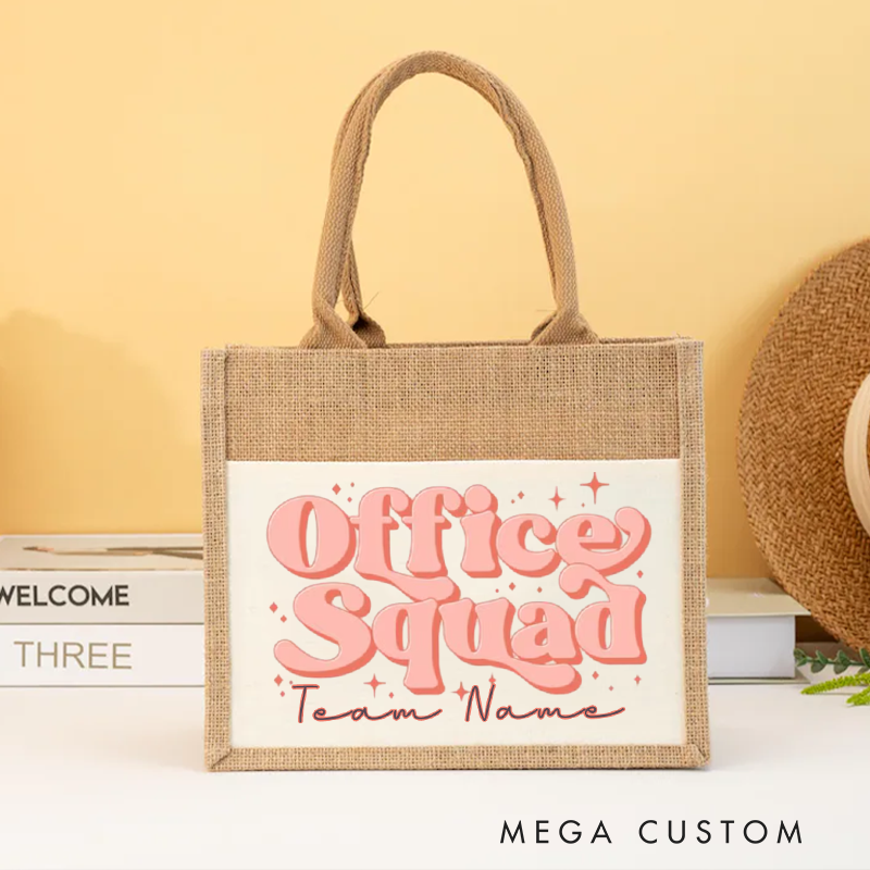 Personalized Office Squad Burlap Tote Bag Pink Text Design Gift for Coworker or Employee